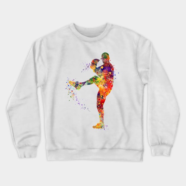 Baseball Pitcher Boy Colorful Watercolor Silhouette Crewneck Sweatshirt by LotusGifts